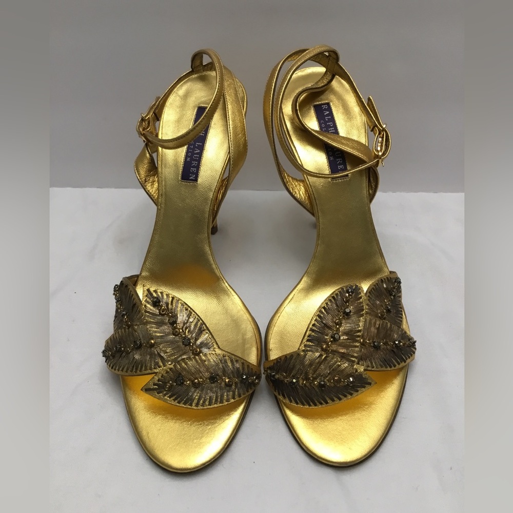 Ralph Lauren Metallic Gold Leaf Embellished Heel Sandals
